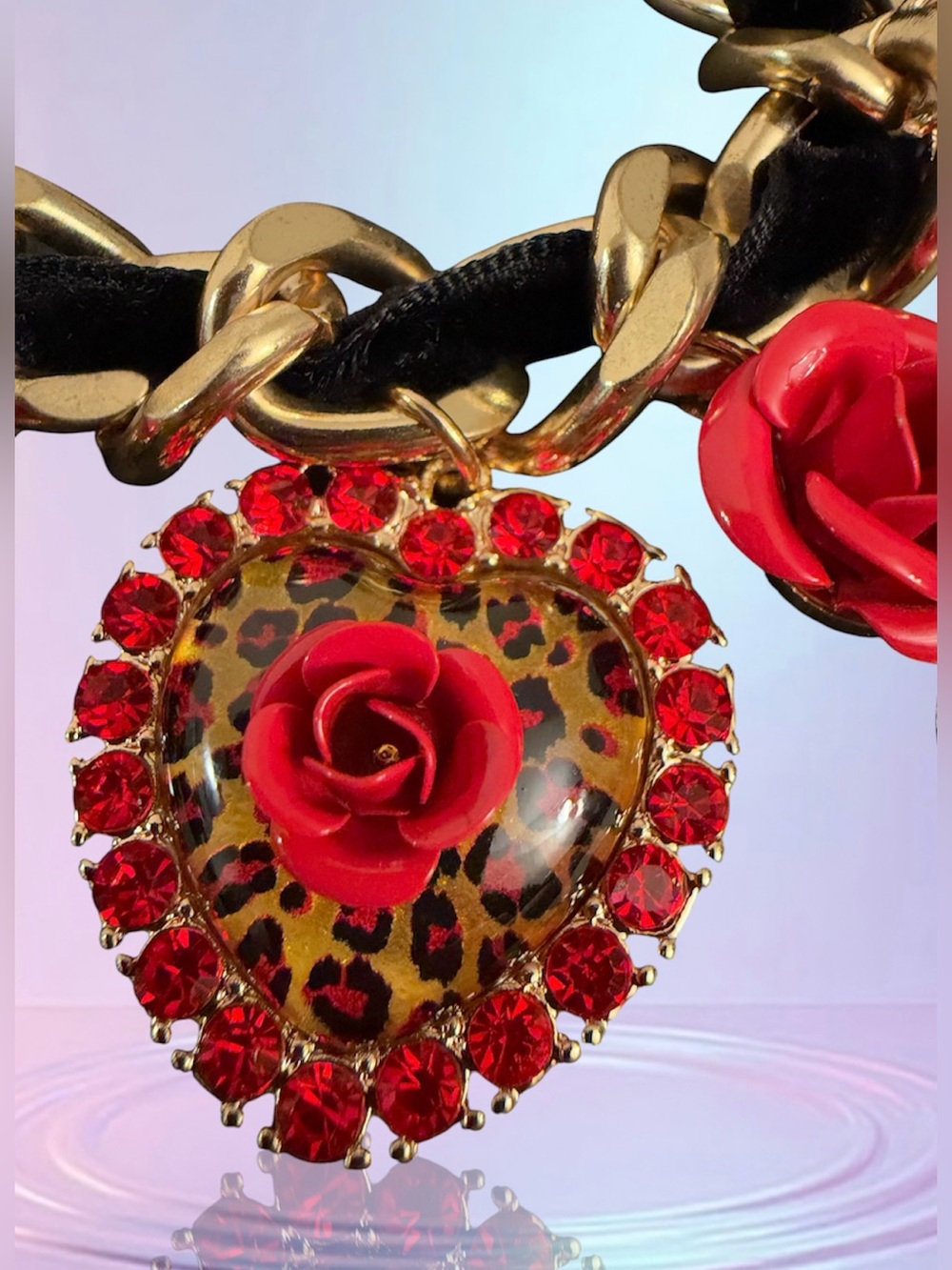 Betsey Johnson Gold-Tone Chain Bracelet with Red Roses & Leopard Heart Charms - Picture 3 of 16